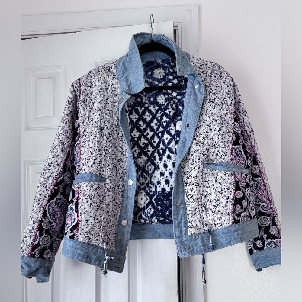 Anthropologie BlankNYC Denim-Trimmed Reversible Patchwork Jacket size M - Picture 7 of 11
